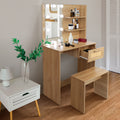 Vanity Desk Set Stool & Dressing Table With Led Lighting Mirror Drawer And Compartments Modern Wood Cosmetic Table Chest Of Drawers Nature Color Natural Wood Particle Board