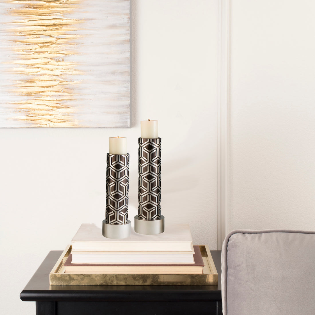 14" And 16" Tall Polyresin Candleholder, Espresso And Silver Finish Set Of 2 Multicolor Polyresin