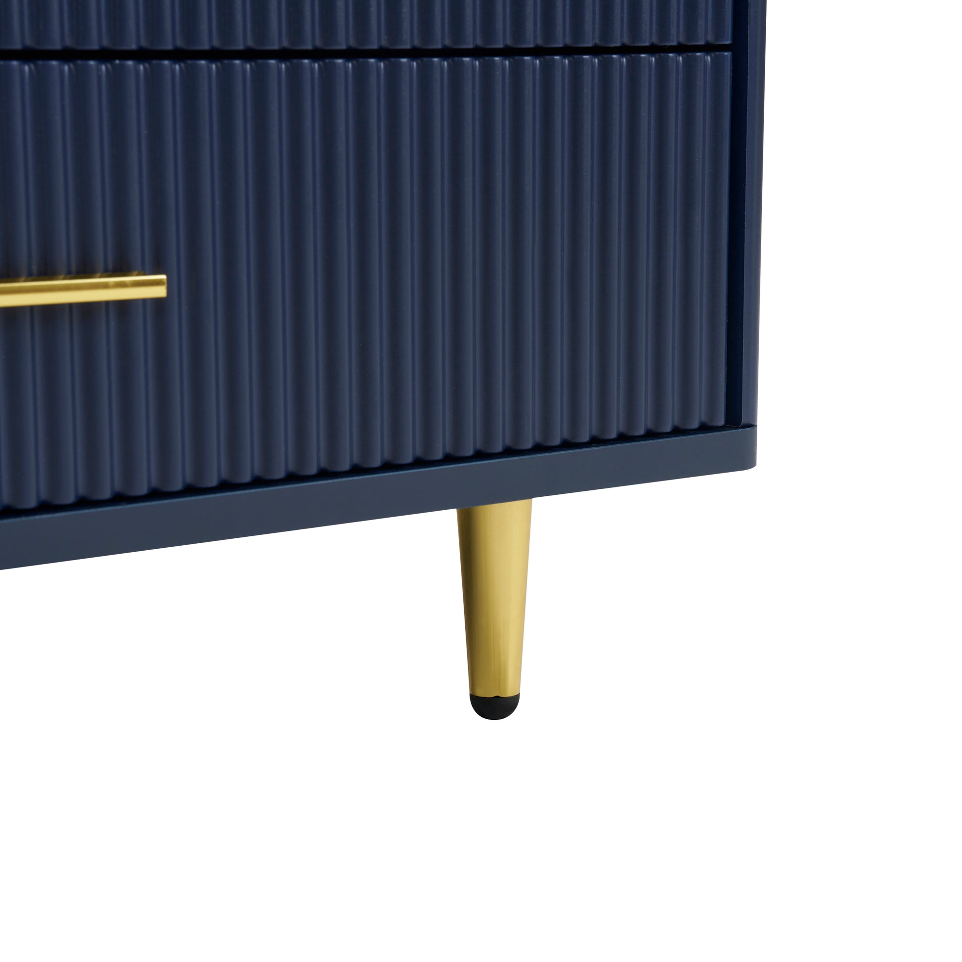 Modern Navy Blue Coffee Table With 2 Glass Door Storage, 4 Drawers, Gold Metal Legs, And Multi Color Lighting In 47.2'' Navy Blue Drawers Mdf