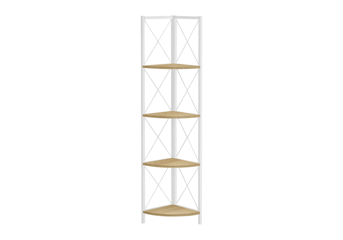 Bookshelf, Bookcase, Etagere, Corner, 4 Tier, 60"H, Office, Bedroom, Natural Laminate, White Metal, Contemporary, Modern Natural Metal