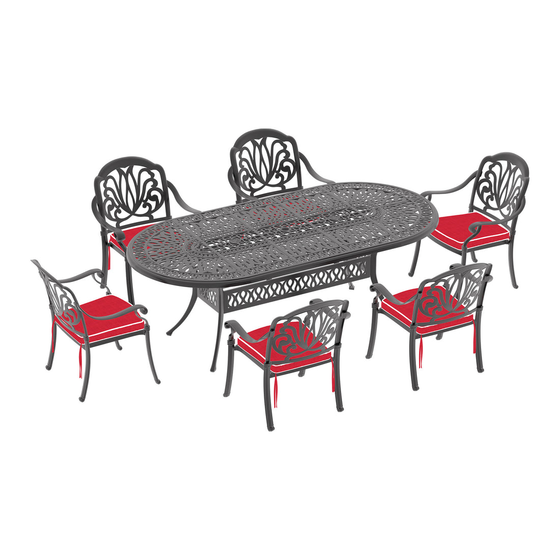 Cushions In Random Colors 7 Piece Set Of Cast Aluminum Patio Furniture With Cushions Yes Dining Set Black Seats 6 Rust Resistant Frame Water Resistant Cushion Garden & Outdoor Complete Patio Sets Aluminium