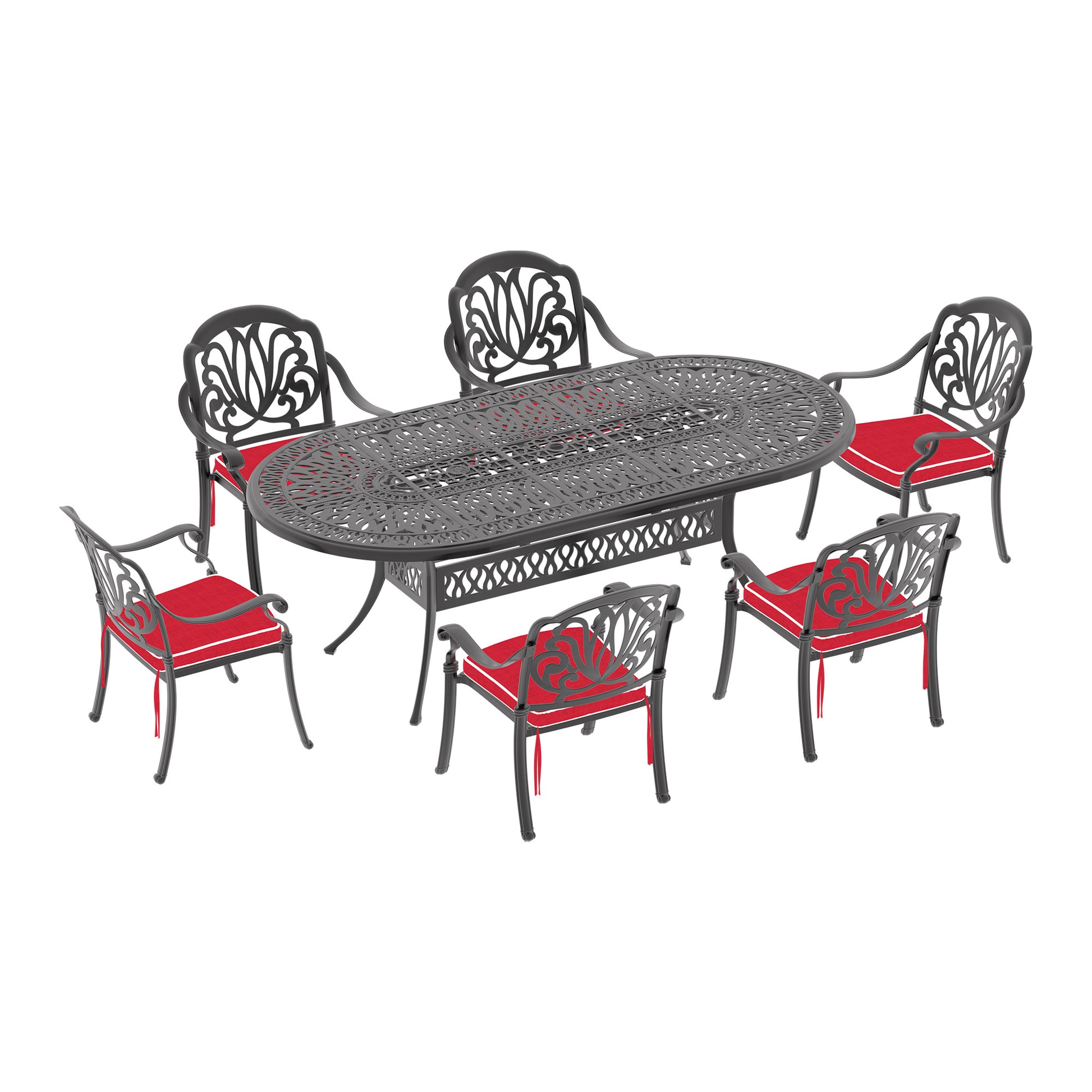 Cushions In Random Colors 7 Piece Set Of Cast Aluminum Patio Furniture With Cushions Yes Dining Set Black Seats 6 Rust Resistant Frame Water Resistant Cushion Garden & Outdoor Complete Patio Sets Aluminium