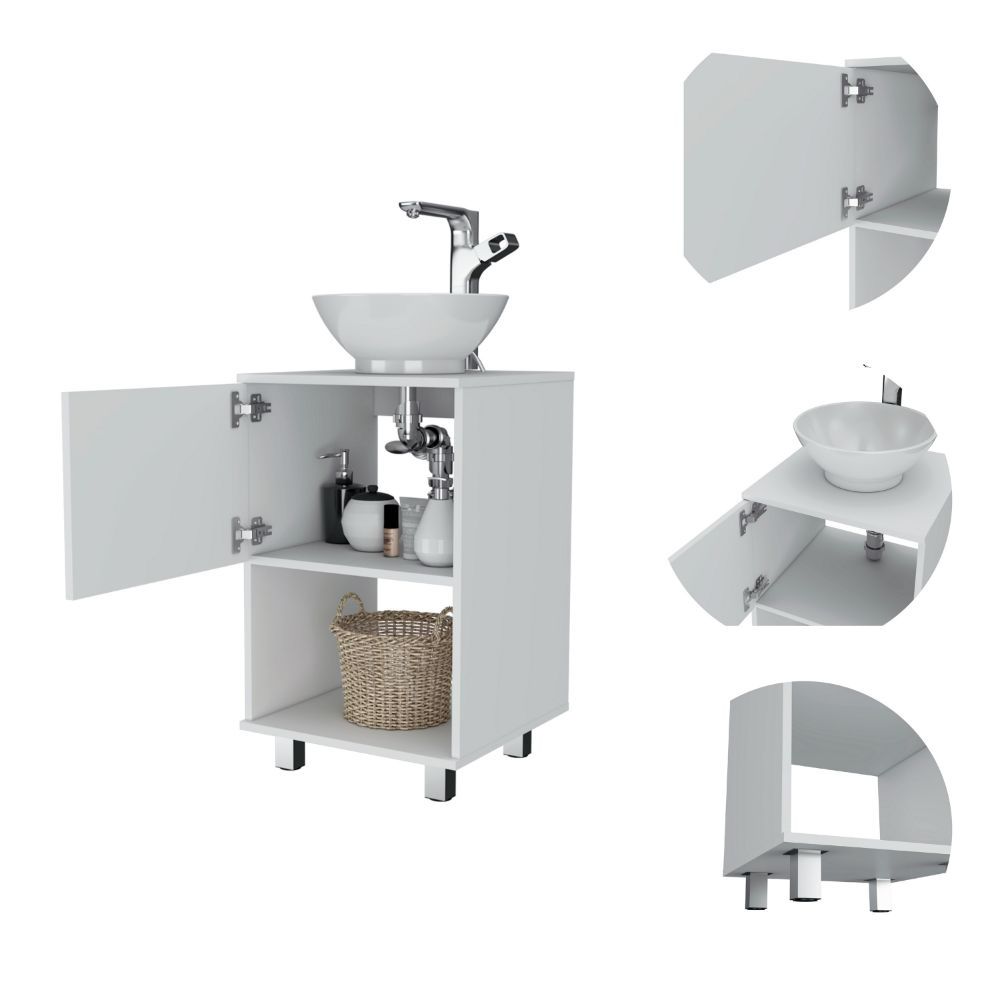 Single Bathroom Vanity, One Open Shelf, Single Door Cabinet, White White Solid Wood Mdf Engineered Wood