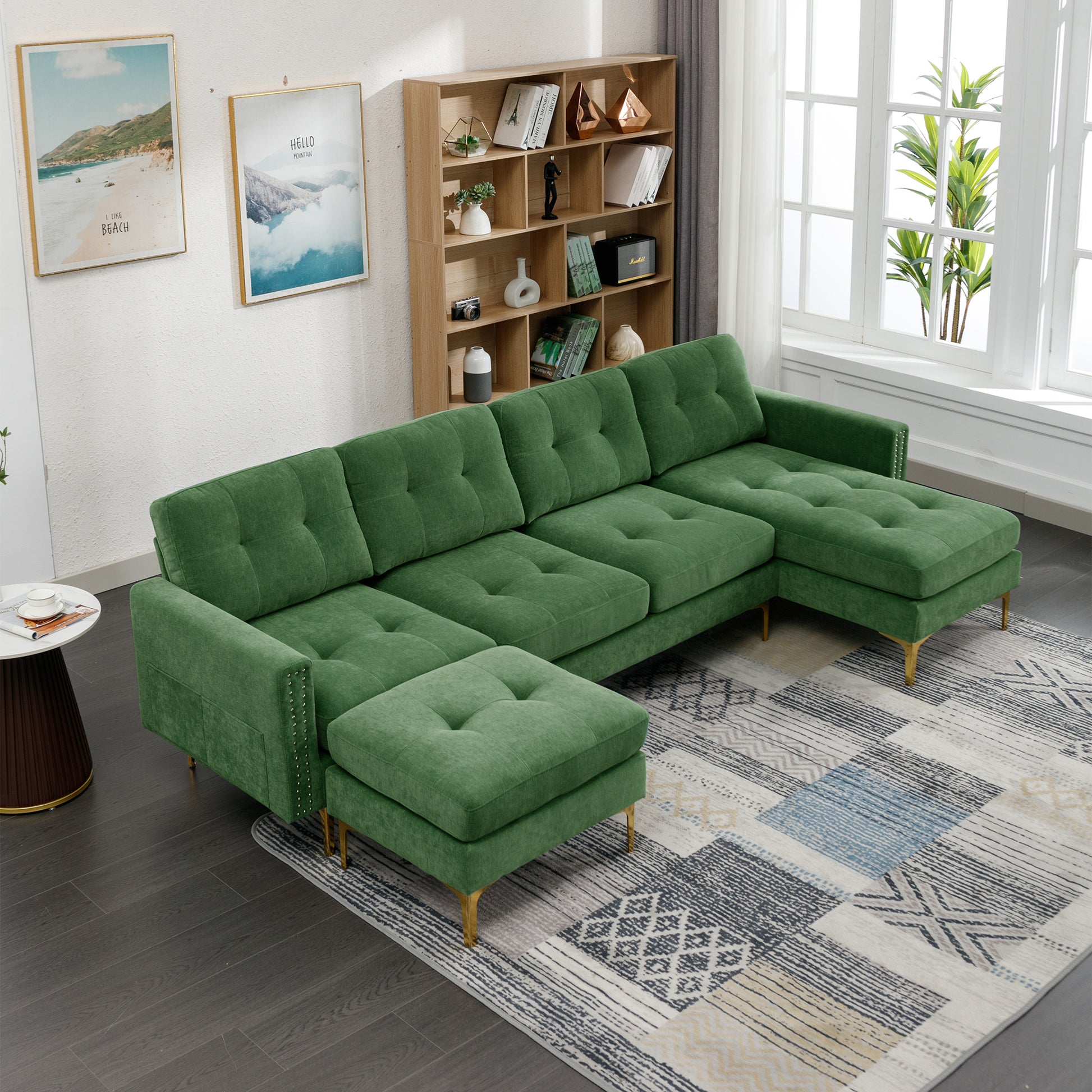 110" L Shape Convertible Sectional Sofa Couch With Movable Ottoman For Living Room, Apartment, Office, Green Green Foam Velvet 4 Seat