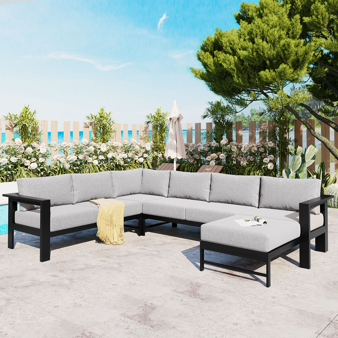 U Shaped Multi Person Outdoor Sofa Set, Suitable For Gardens, Backyards, And Balconies. Grey Seats 6 Aluminum