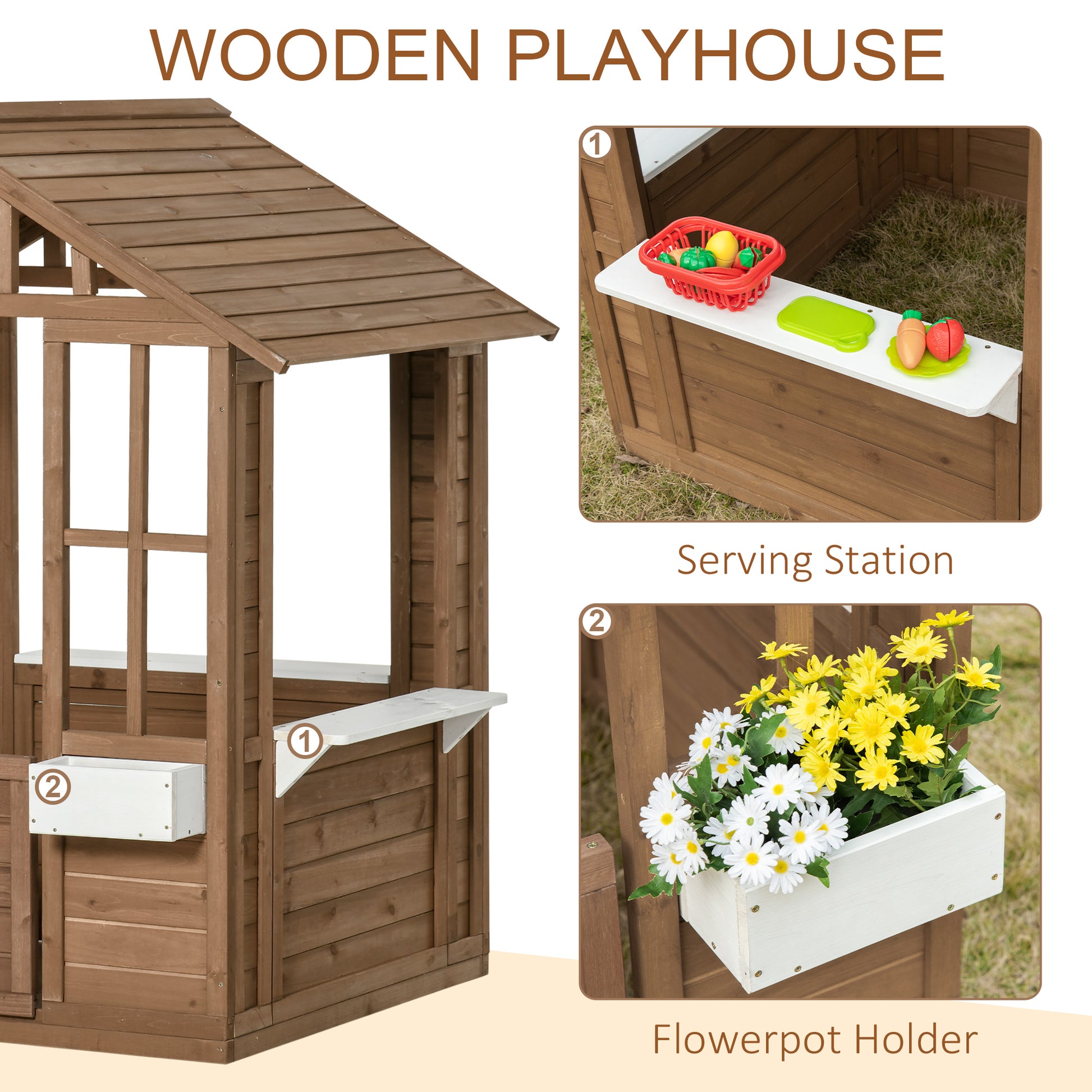 Outsunny Kids Wooden Playhouse, Outdoor Garden Games Cottage, With Working Door, Windows, Flowers Pot Holder, 47" X 38" X 54" Brown Wood