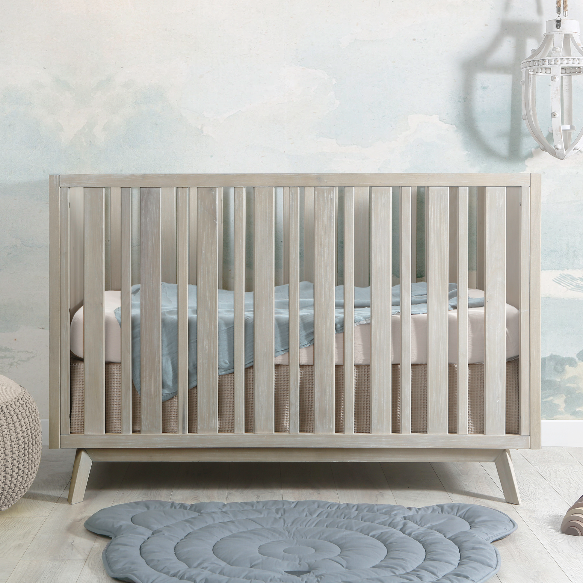 Prague Convertible Crib In Cotton Grey Natural Wood Wash Wood