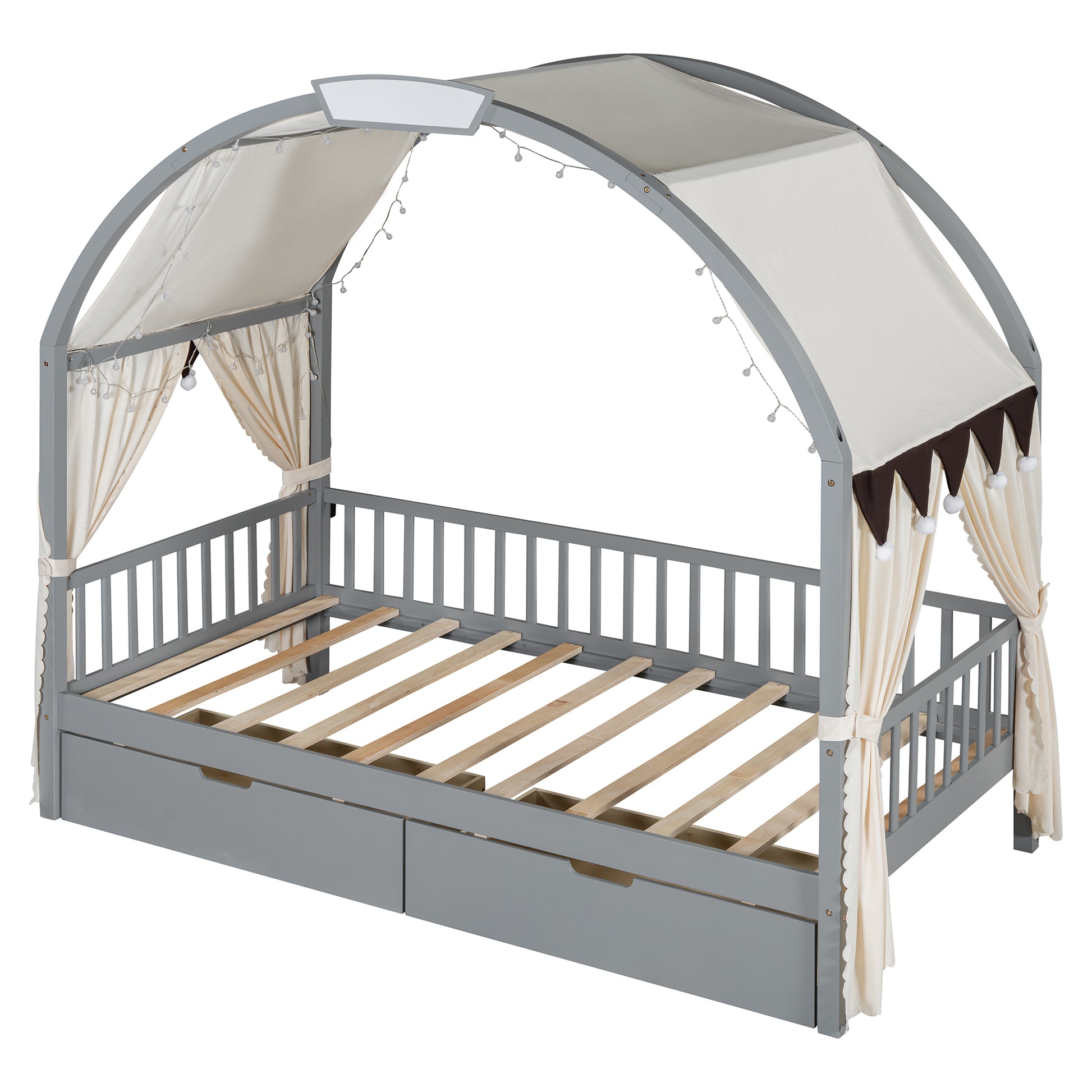 Twin Size Bed With Arched Roof And 2 Drawers, Gray Twin Gray Plywood