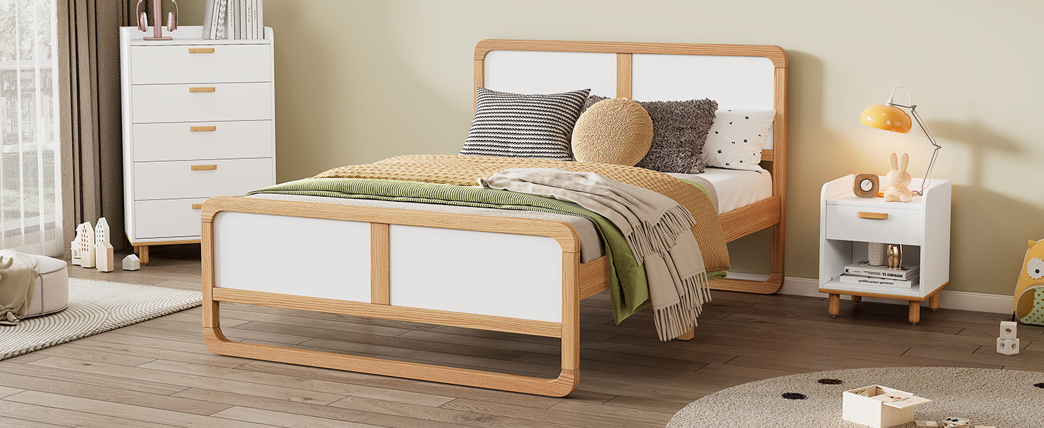 Modern Style Queen Size Solid Wood Platform Bed For Kids, Teens, Adults, No Need Box Spring, Walnut And White Box Spring Not Required Queen White Walnut Wood Bedroom Modern Pine Bed Frame Wood