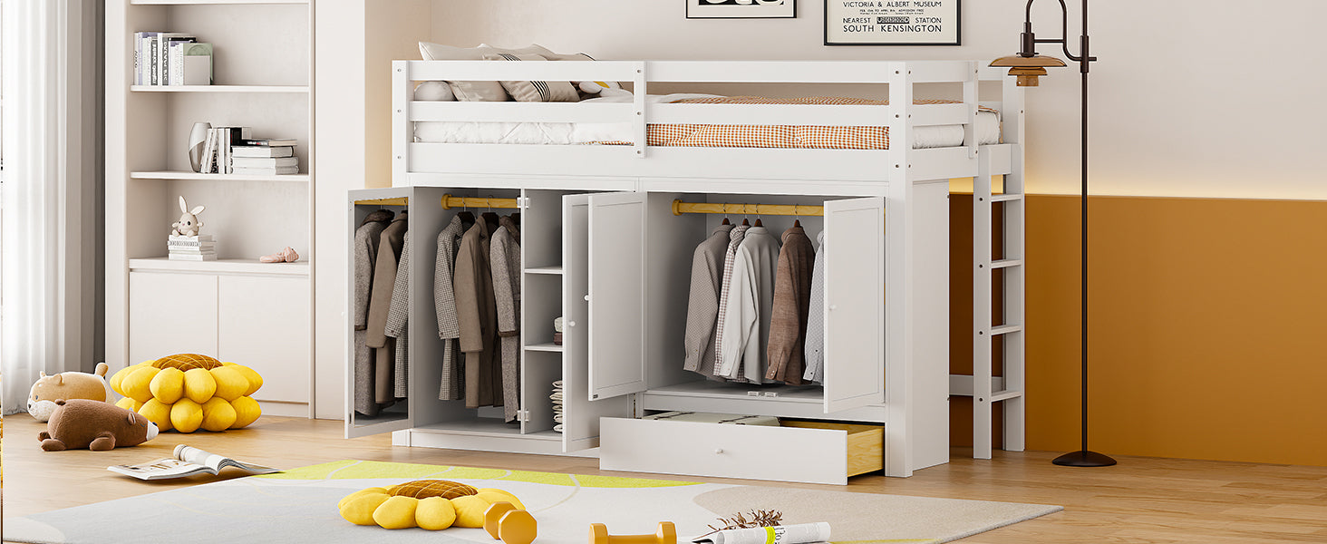 Twin Size Loft Bed With Drawer, Two Wardrobes And Mirror, White White Solid Wood Mdf