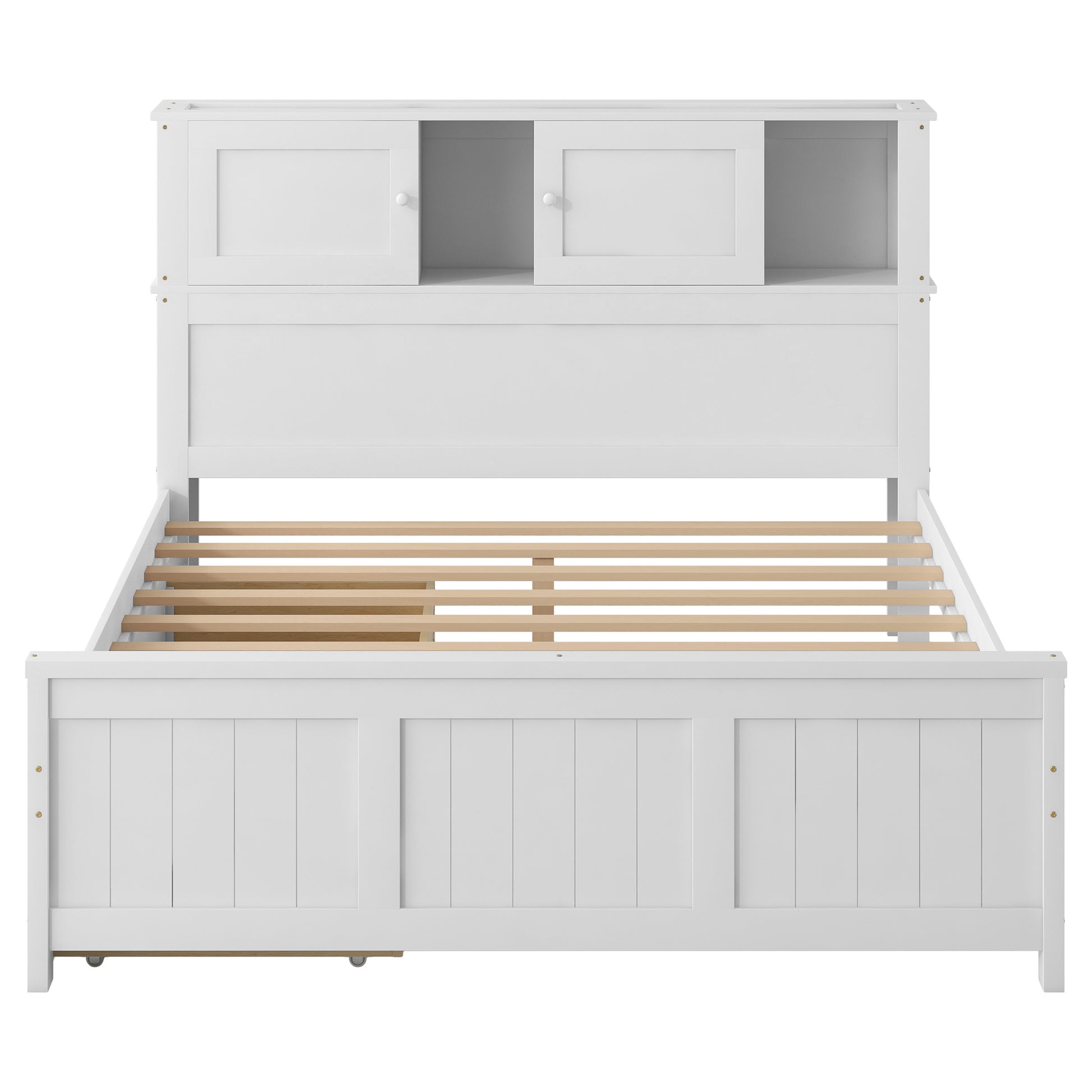 Full Size Platform Bed With Storage Headboard And Sliding Door,2 Drawers, White Full White Solid Wood Mdf