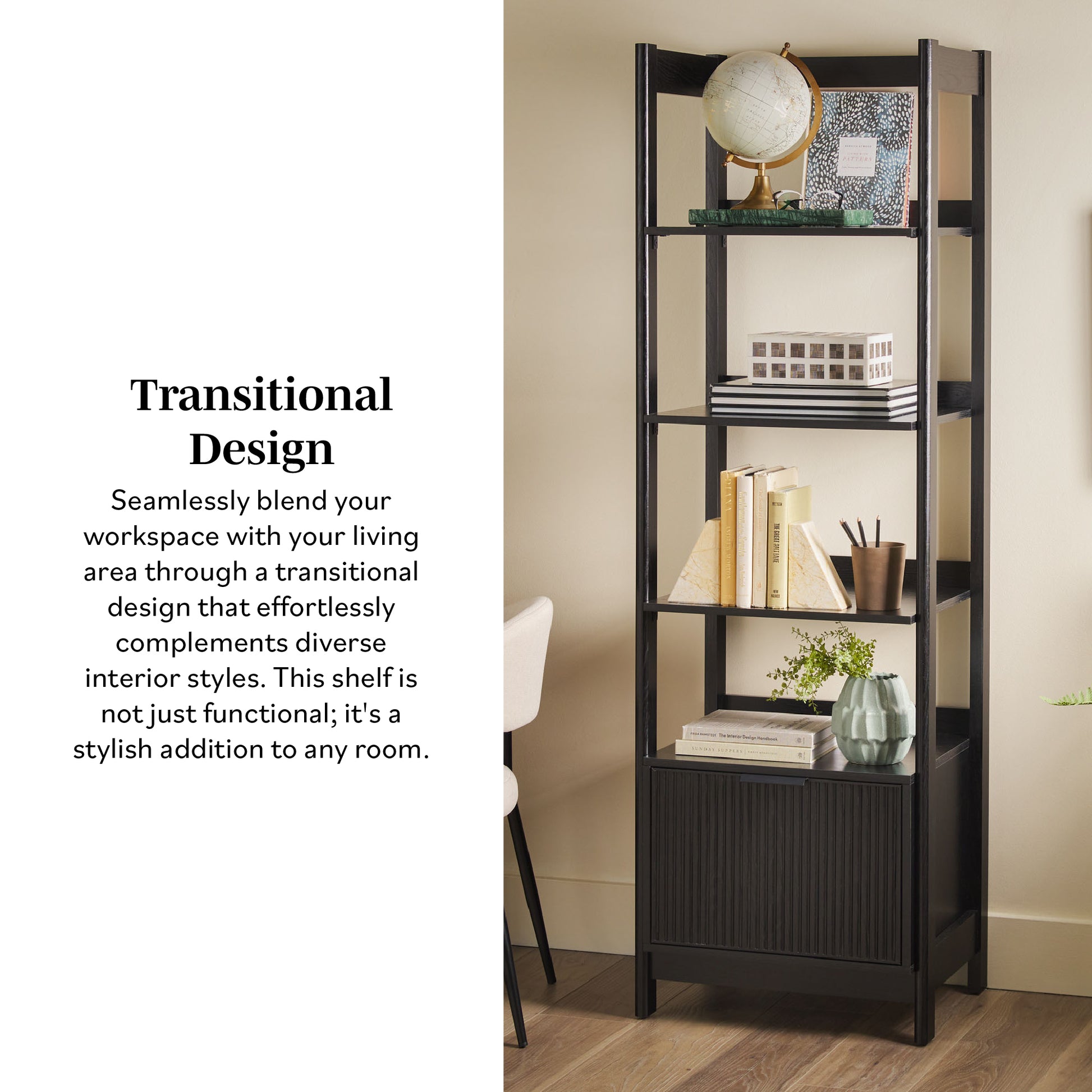 Transitional Narrow Bookshelf With Drawer On Bottom Black Black Mdf Mdf