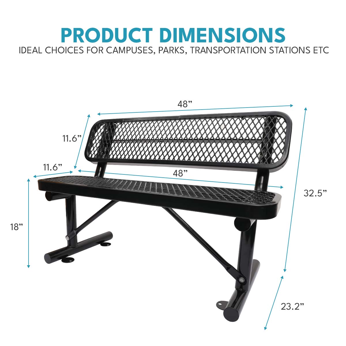 4 Ft. Outdoor Steel Bench With Backrest In Black Black Carbon Steel