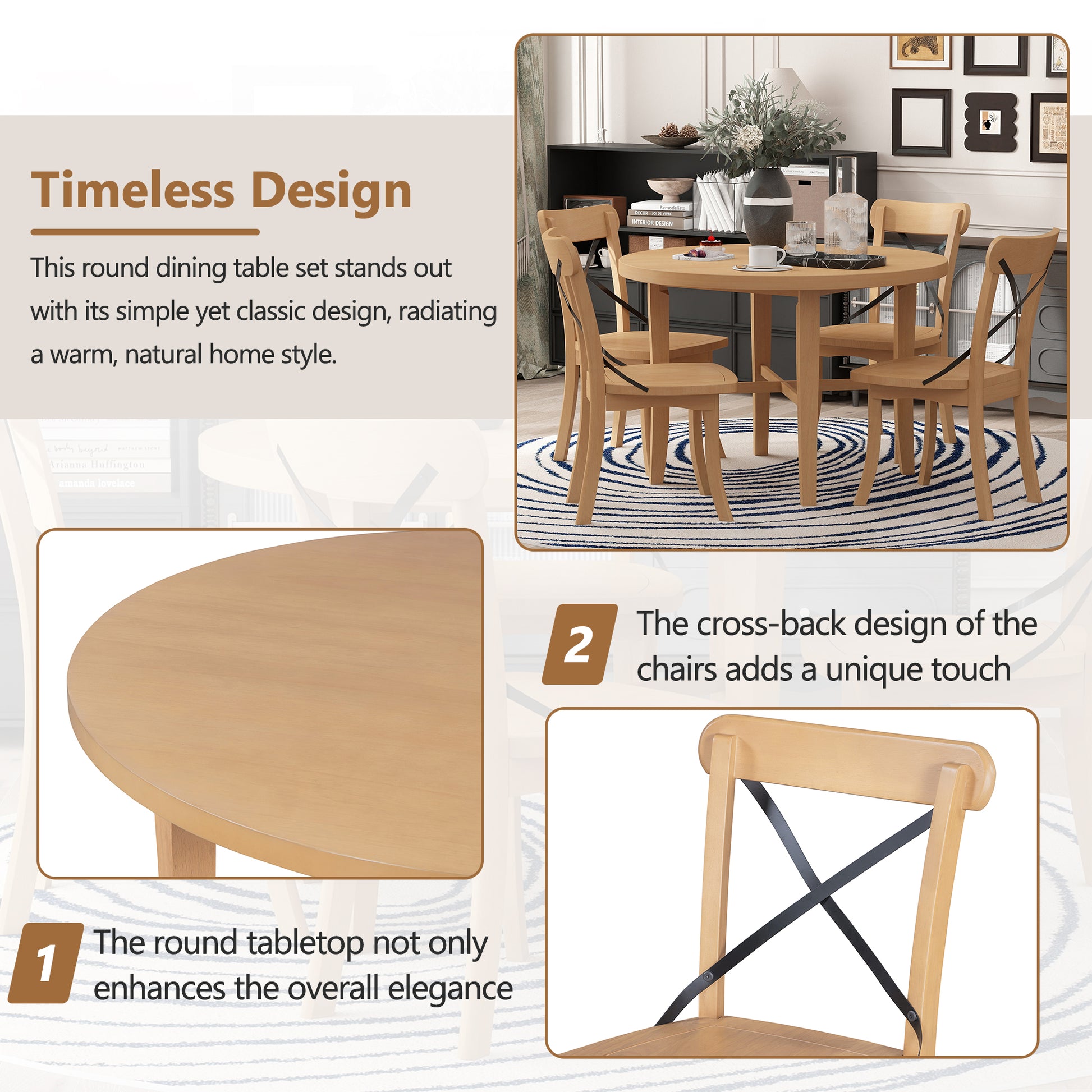 5 Piece Dining Set, Retro Simple Round Table And 4 Chairs With X Shaped Backrest For Kitchen, Dining Room And Living Room Natural Natural Rubber Wood