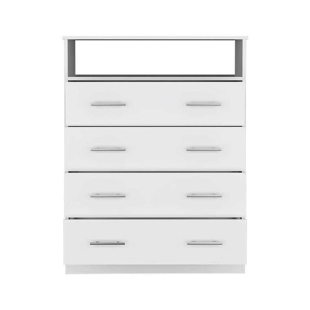 Four Drawer Dresser, Superior Top, One Open Shelf, White White Solid Wood Mdf Engineered Wood