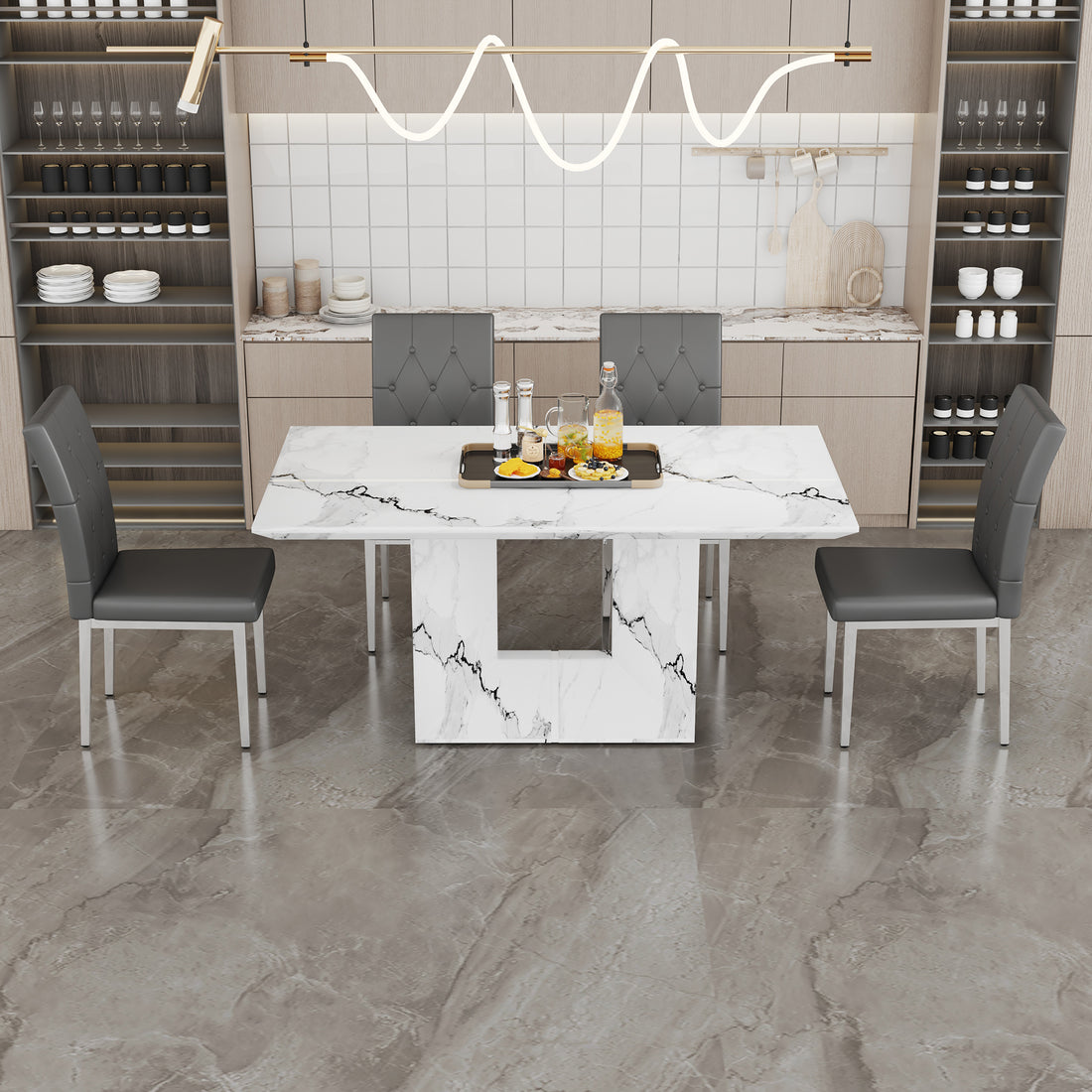 Table And Chair Set.63"X35.4" White Marble Patterned Mdf Dining Table Set With 4 Armless Dark Gray Pu Chairs.Showcasing A Modern And Stylish Look. Dark Gray,White Seats 4 Mdf Metal