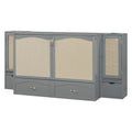 Full Size Murphy Bed Wall Bed With Drawer And Rattan Decoration With 2 Storage Cabinets, One Set Of Sockets & Usb Ports, Pulley Structure Design, Gray Full Gray Plywood