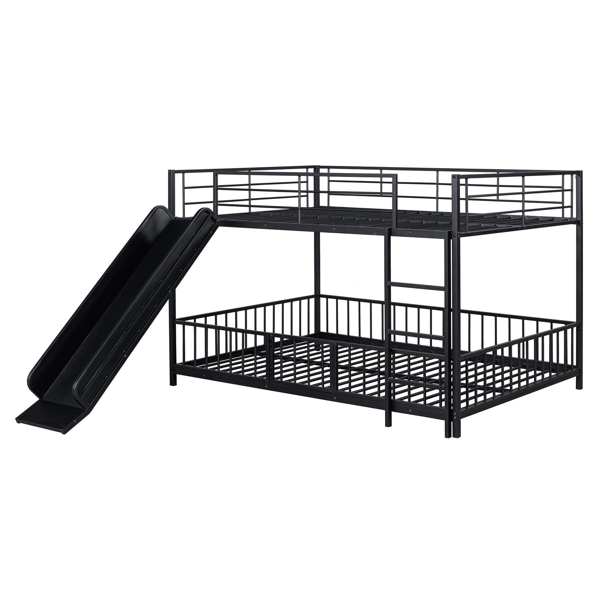 Full Over Full Size Metal Bunk Bed With Slide And Guardrails, Black Full Black Metal