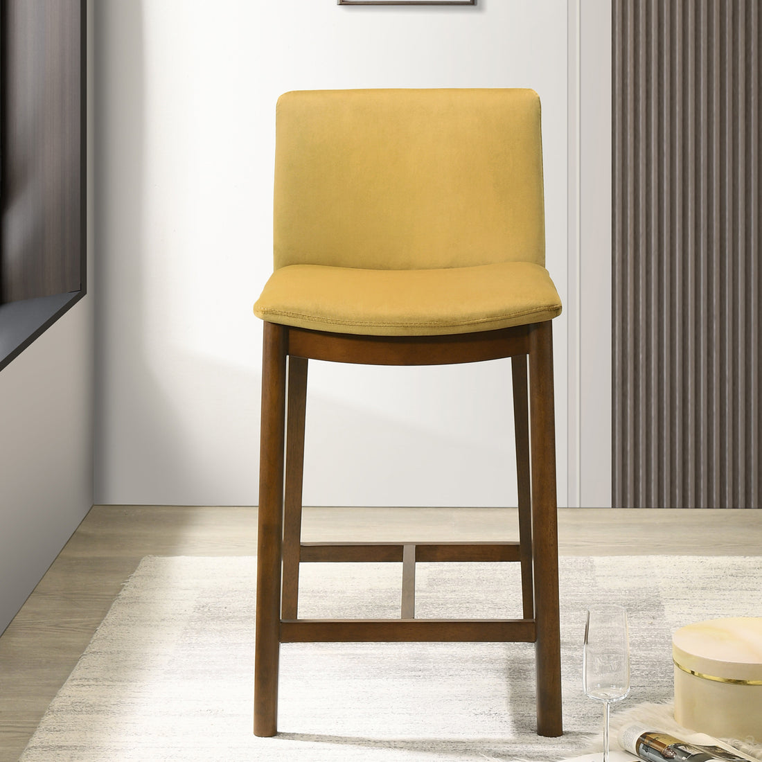 Shannon Counter Chair In Dark Yellow Velvet Wood Solid Brown,Yellow Brown Dining Room Wipe Clean Bar Stools Solid Wood,Velvet