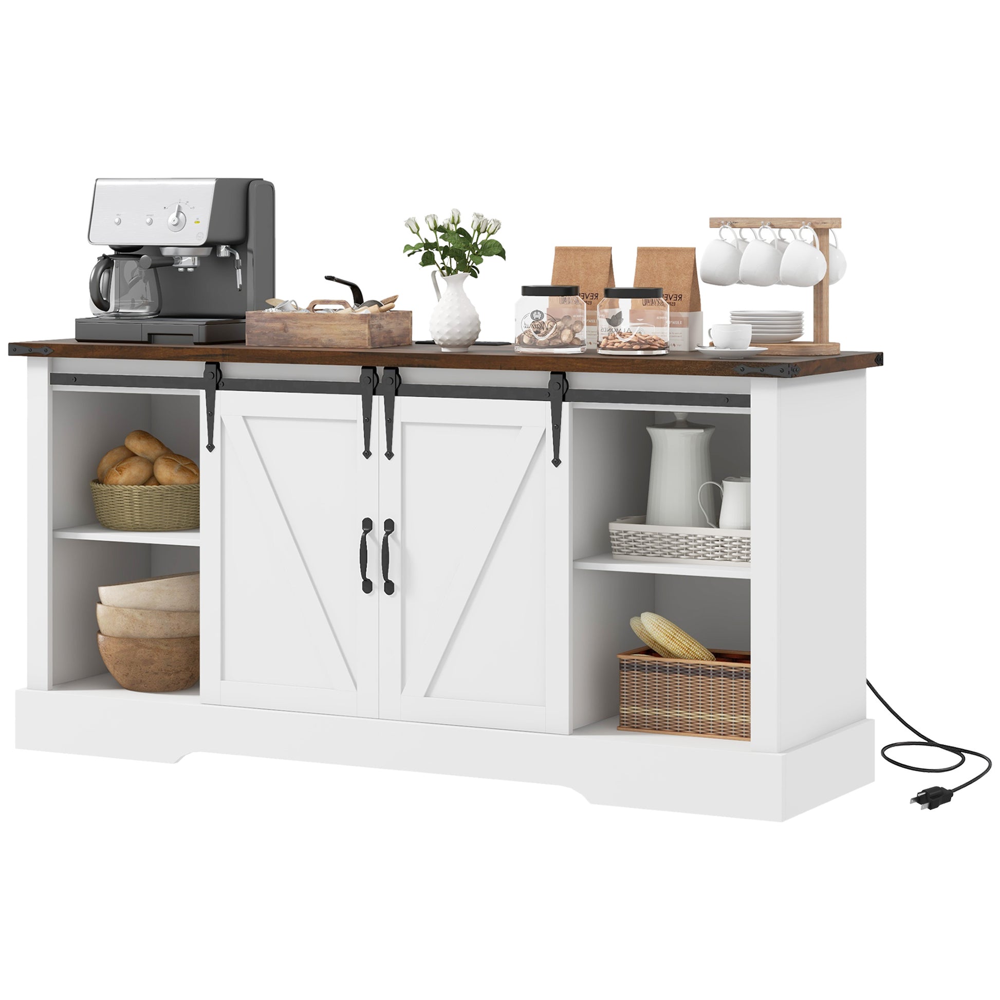 Homcom Sideboard Buffet Cabinet With Charging Station, 59" Farmhouse Coffee Bar Cabinet With Sliding Barn Doors, Adjustable Shelves, Storage Cabinet & Console Table, White White Particle Board