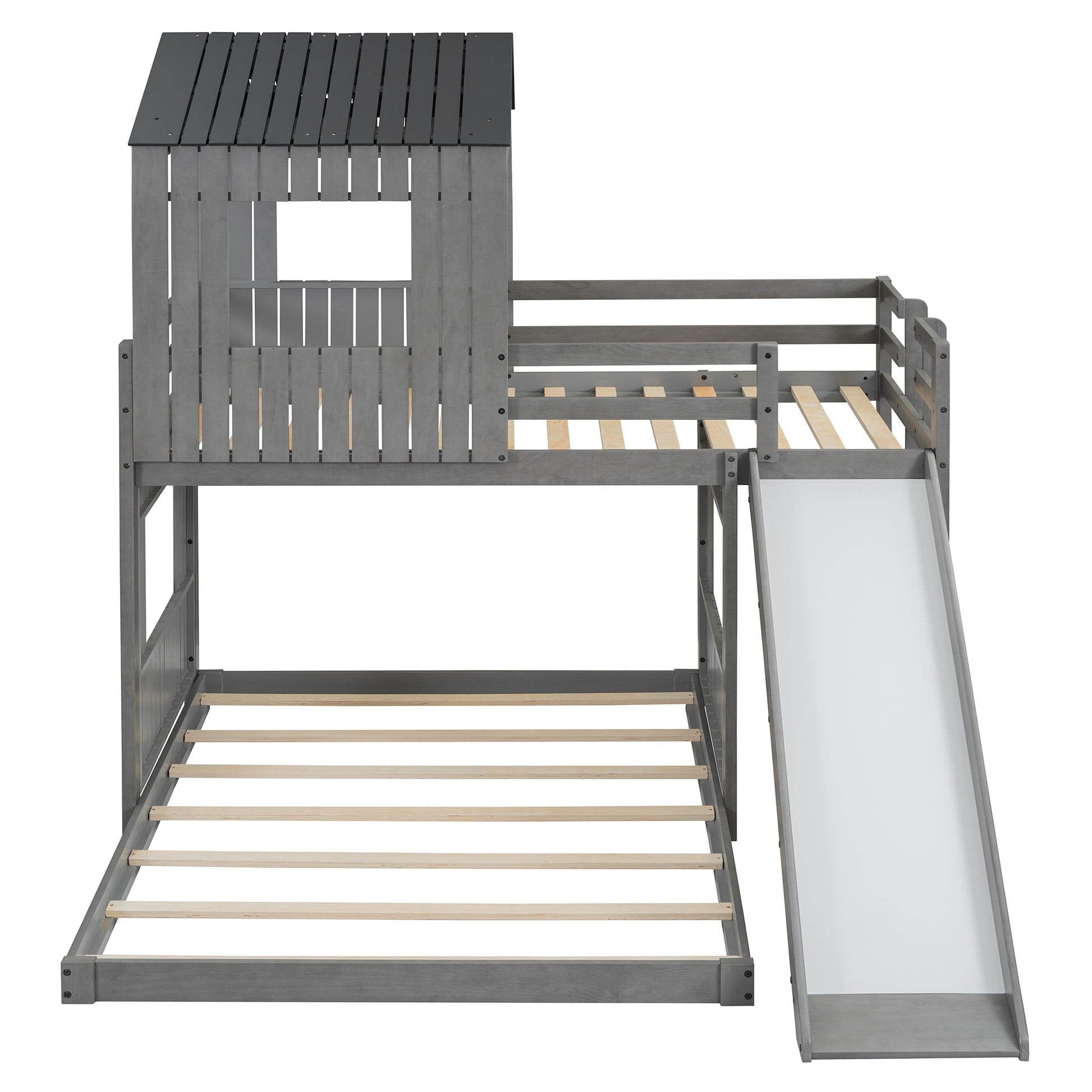 Wooden Twin Over Full Bunk Bed, Loft Bed With Playhouse, Farmhouse, Ladder, Slide And Guardrails, Antique Gray Old Sku :Lt000028Aae Twin Antique Gray Solid Wood