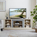 Large Tv Desk Storage Rack With Faux Stacked Stone Surround,Media Console Table With Large Storage Cabinet,Modern Tv Media Entertaionment Stand,White, 70.12
