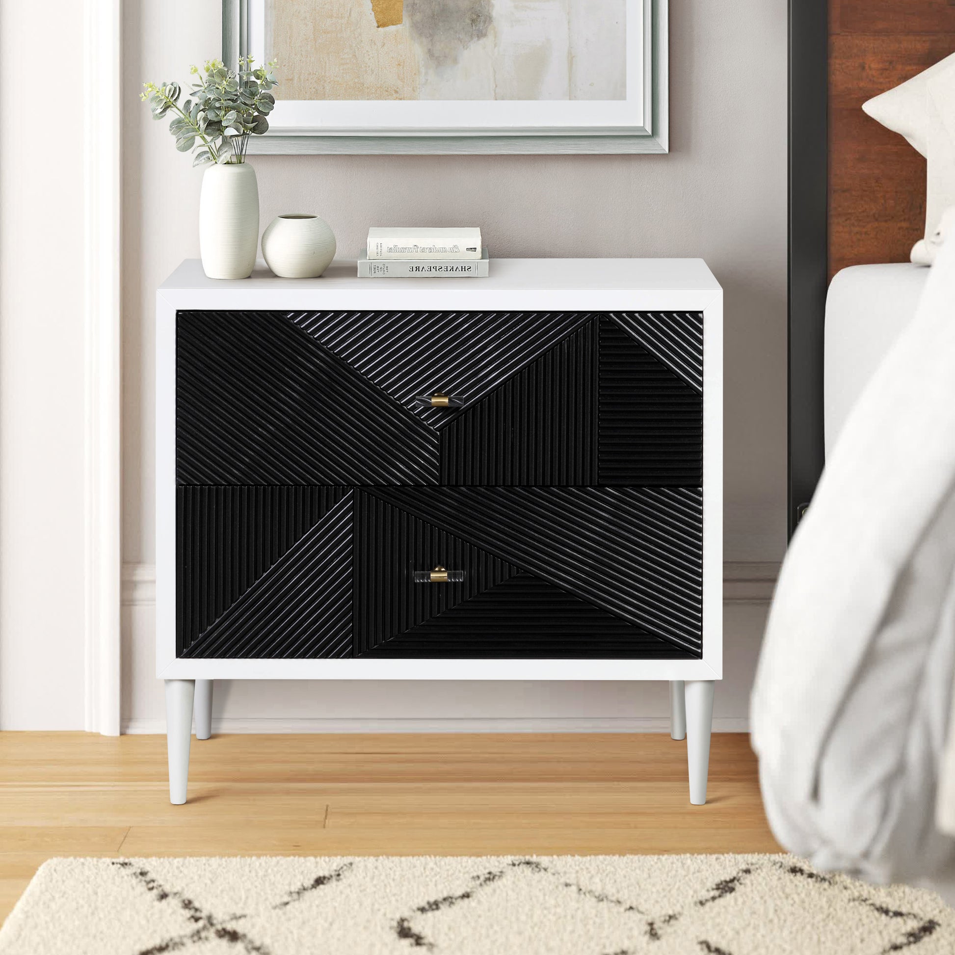 White And Black Accent Nightstand With 2 Drawers White Black 2 Drawers Bedroom Rectangle Drawers Wood