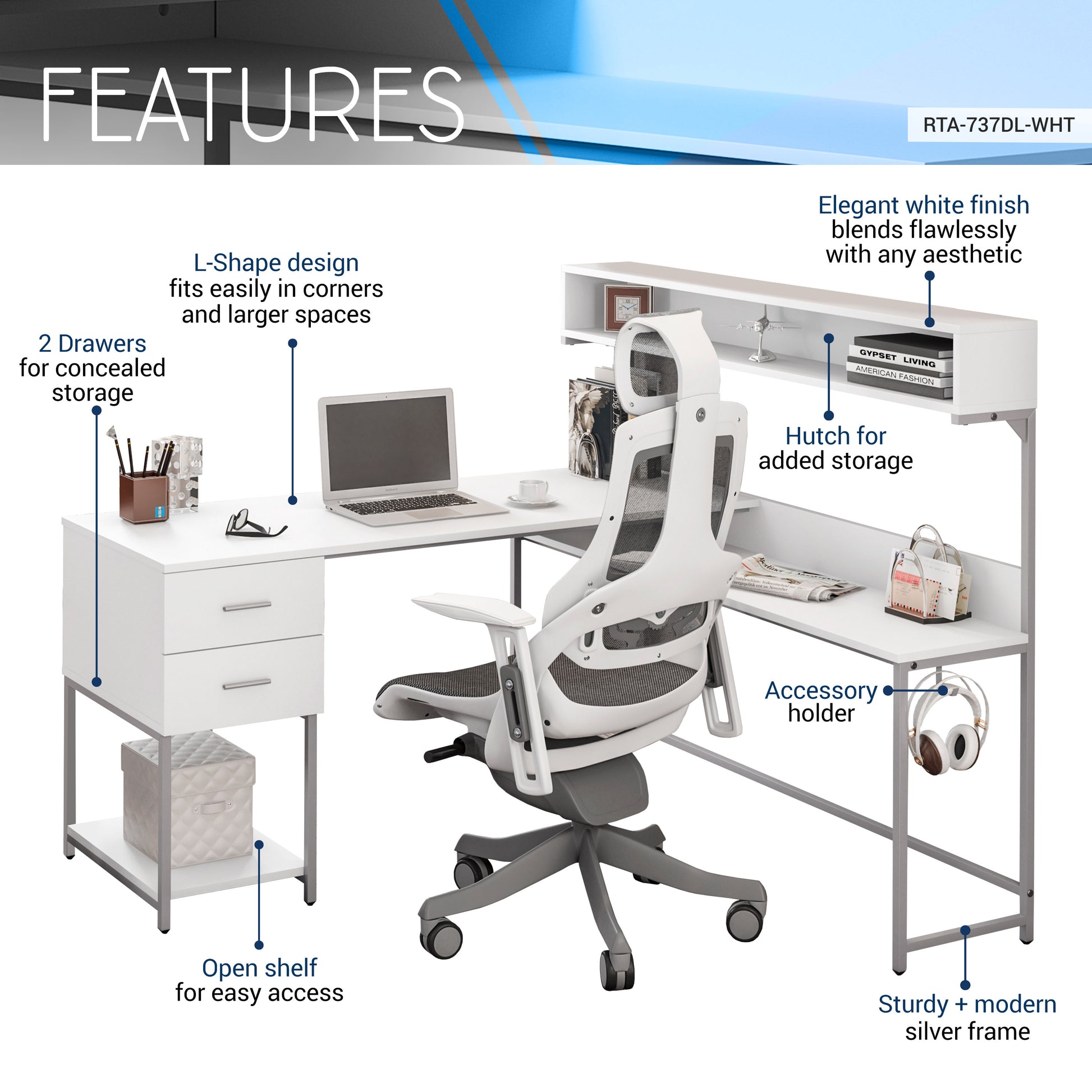 Techni Mobili L Shape Desk With Hutch And Storage, White White Computer Desk Office Modern L Shape Engineered Wood