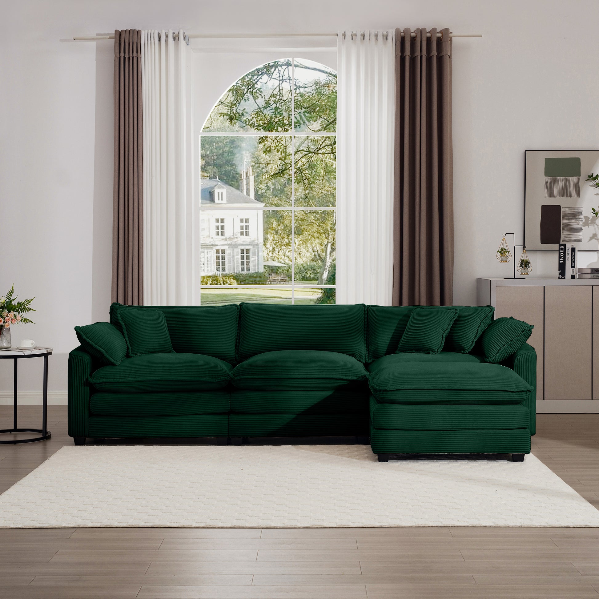 Corduroy 3 Seater Sofa With 1 Footrest, L Shaped Double Sofa With Ottoman For Small Living Rooms, Green Corduroy Sofa Green Corduroy 3 Seat