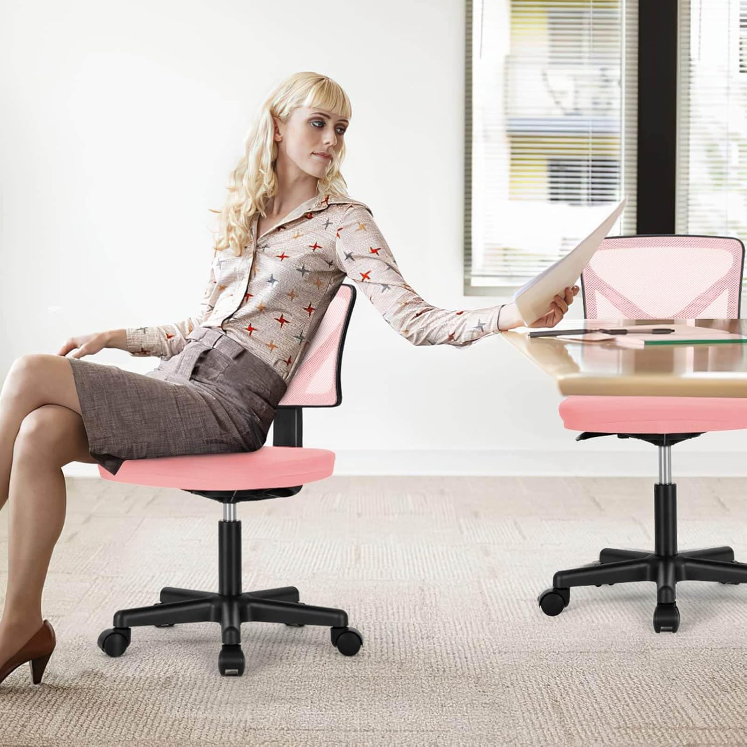 Low Back Mesh Armless Office Chair,Swivel Rolling Computer Chair No Arms With Lumbar Support, Pink Pink Metal