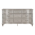 Inz 71 Inch 9 Drawer Wide Dresser, Elegant Trim Details, Classic Silver Silver Wood