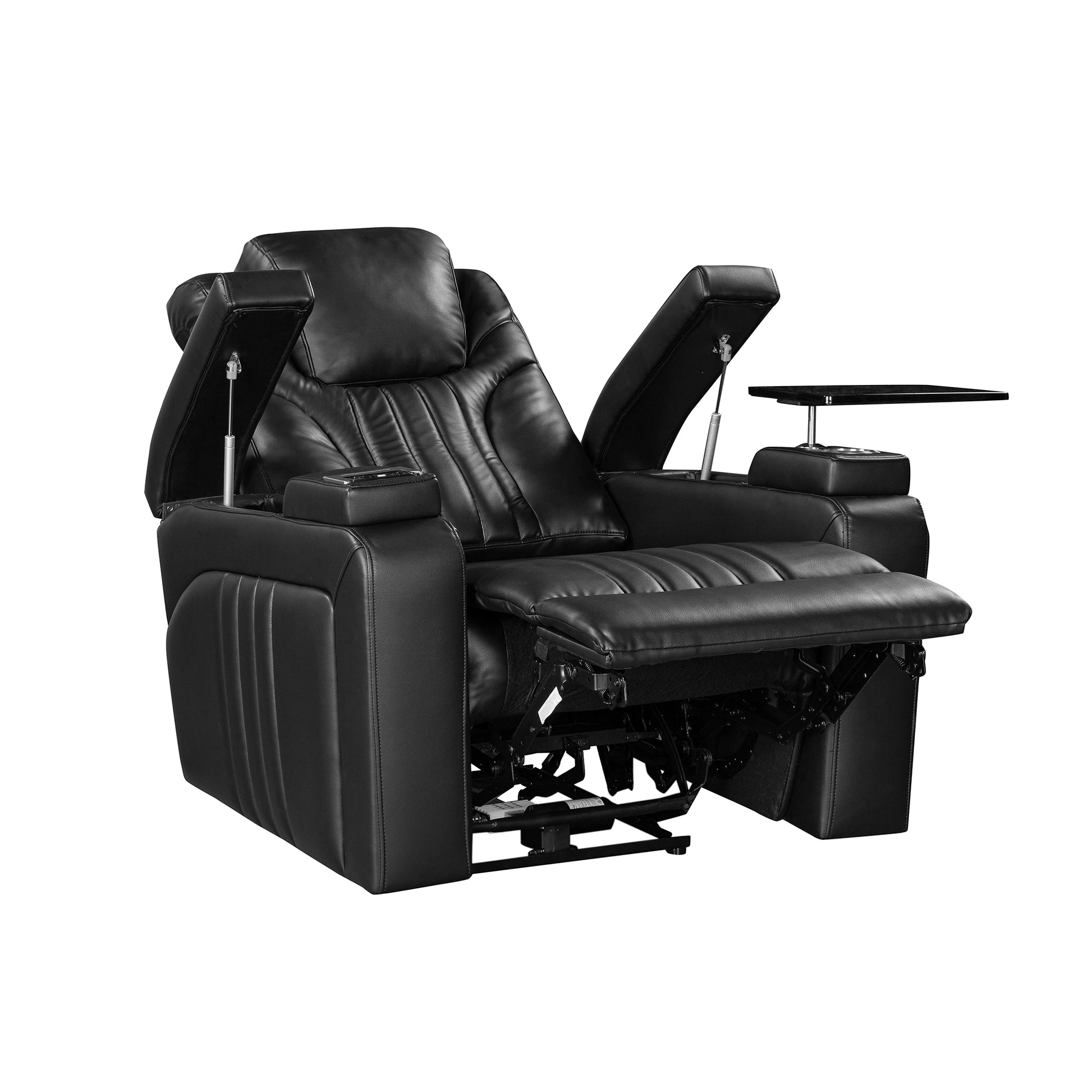 Pu Leather Power Recliner Home Theater Recliner With Power Adjustable Headrest, Wireless Charging Device, Usb Port, Storage Arms, Cup Holder And Swivel Tray Table For Living Room, Black Black Foam Pu Leather