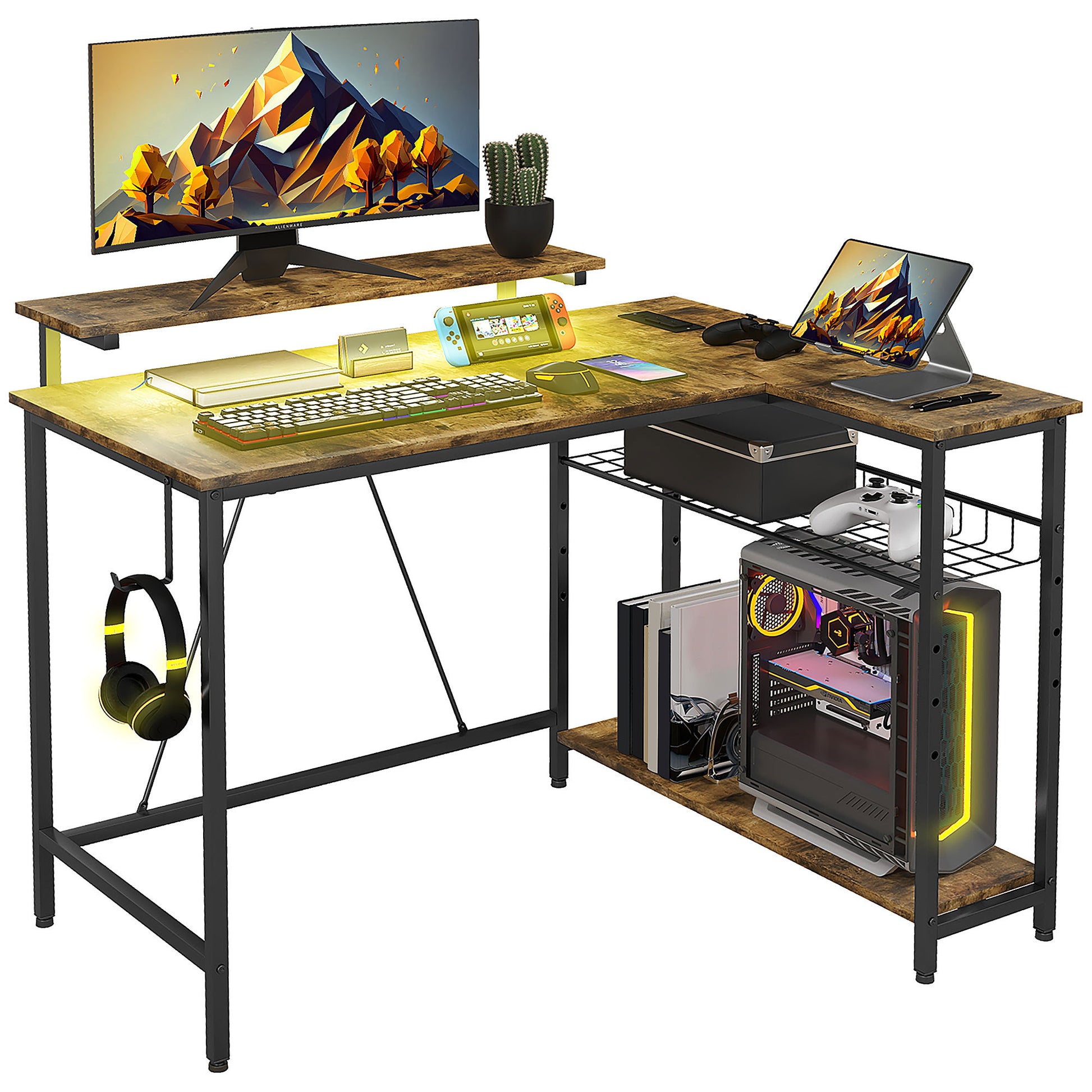 Homcom 42" L Shaped Desk With Led Lights, Power Outlet, Usb Charging Ports, Reversible L Shaped Computer Desk With Storage Shelves, Monitor Stand, Corner Gaming Desk For Home Office, Rustic Brown Rustic Brown Particle Board