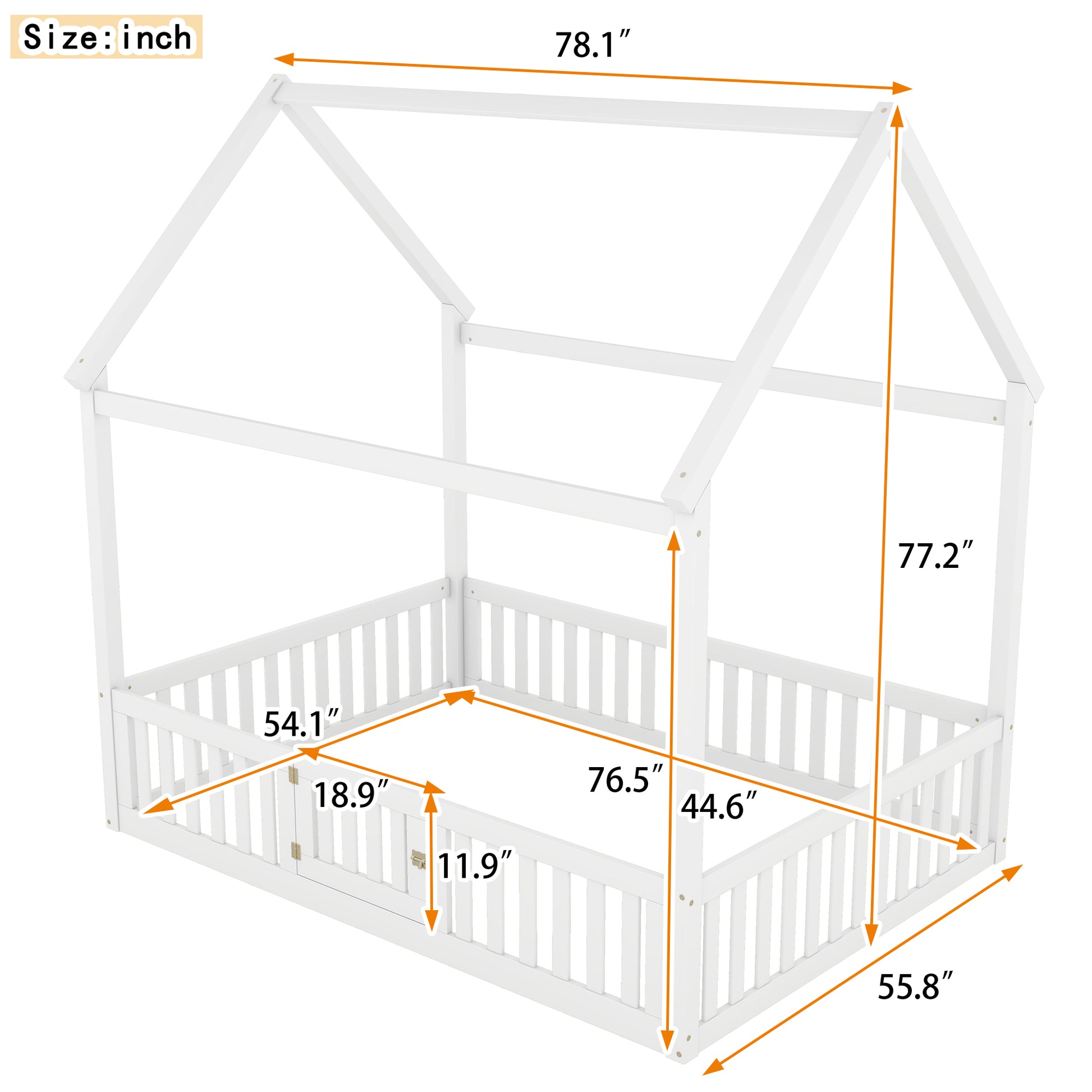 Full Size Wood House Bed With Fence And Door, White Old Sku: Wf303134Aak Box Spring Not Required Full White Wood Bedroom Bed Frame Pine