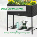 Outsunny Raised Garden Bed, Elevated Planter Box With Rattan Wicker Look, Tool Storage Shelf, Portable Design For Herbs, Vegetables, Flowers, Black Black Rattan