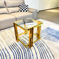 Golden Stainless Steel End Table, Double Layer, Clear Tempered Glass End Table, For Bed Room, Living Room Clear,Gold Modern Open Storage Rectangular Stainless Steel,Tempered Glass