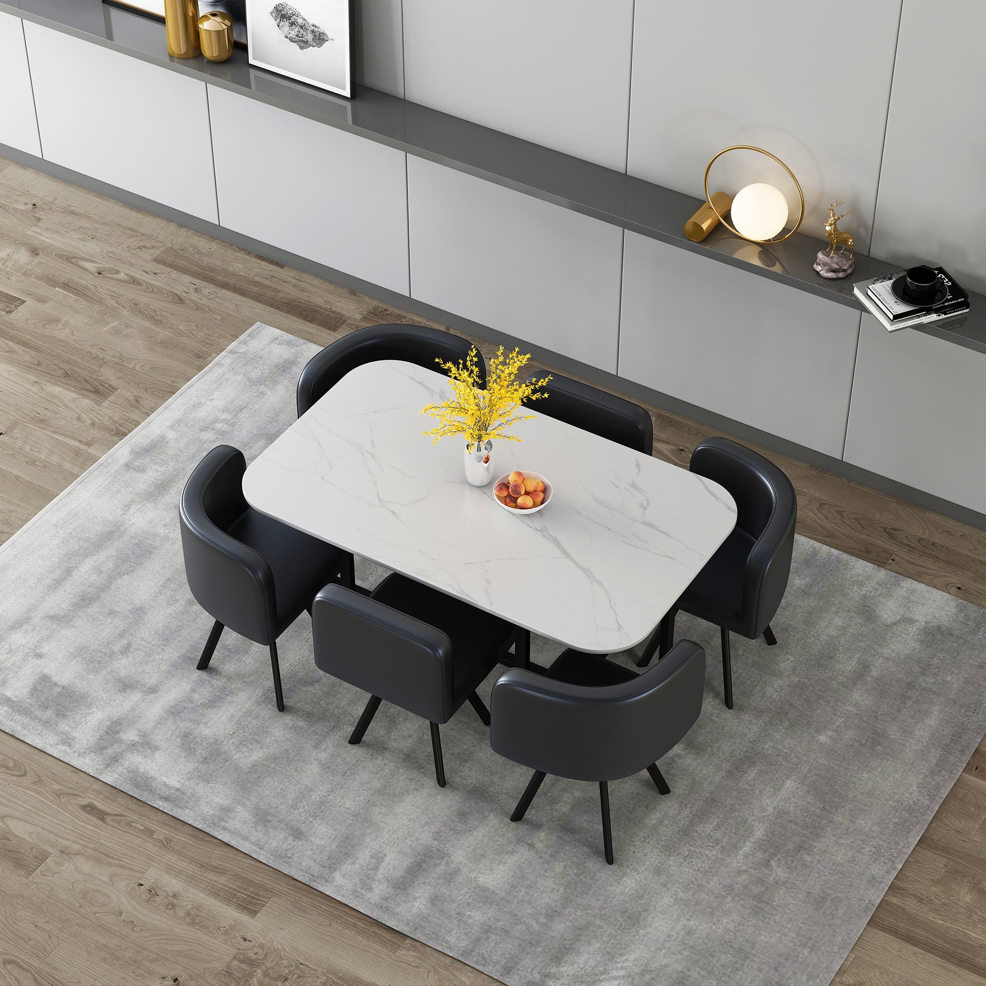 Modern 7 Pieces Dining Table Set, Rectangle Dining Table With 6 Chairs For Dining Room, Kitchen Black Pu Leather