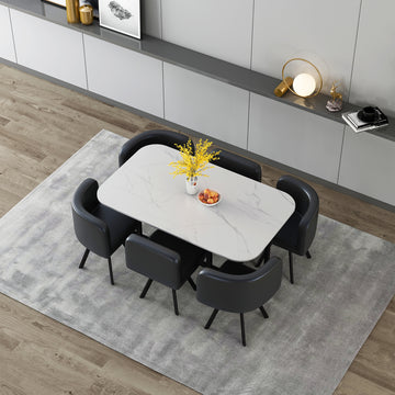 Modern 7 Pieces Dining Table Set, Rectangle Dining Table With 6 Chairs For Dining Room, Kitchen Black Pu Leather