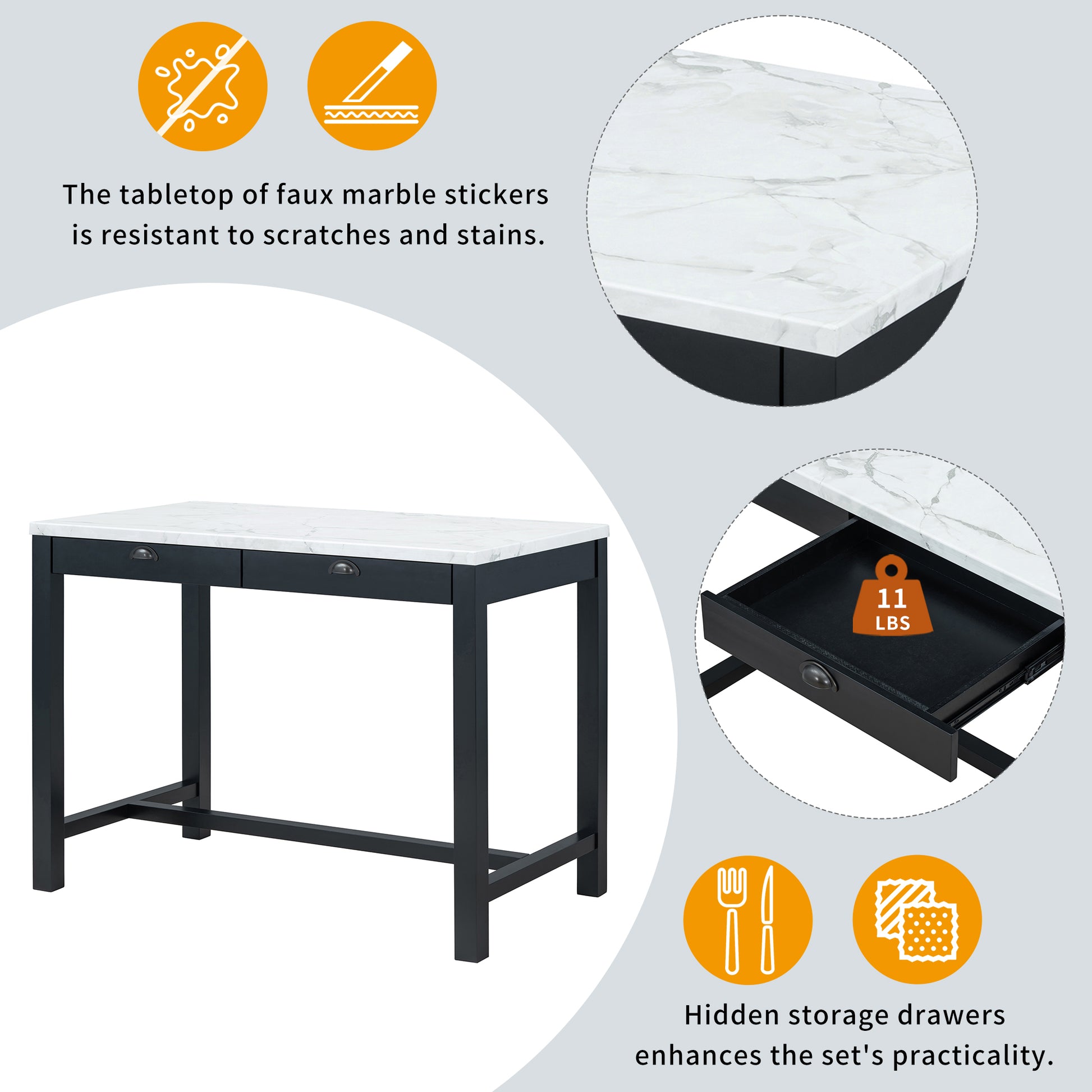 3 Piece Modern Faux Marble Versatile Bar Table Set With Storage Drawers And Padded Stools, Ideal For Space Saving Dining Nooks Or Small Kitchens Black Black Solid Wood Mdf