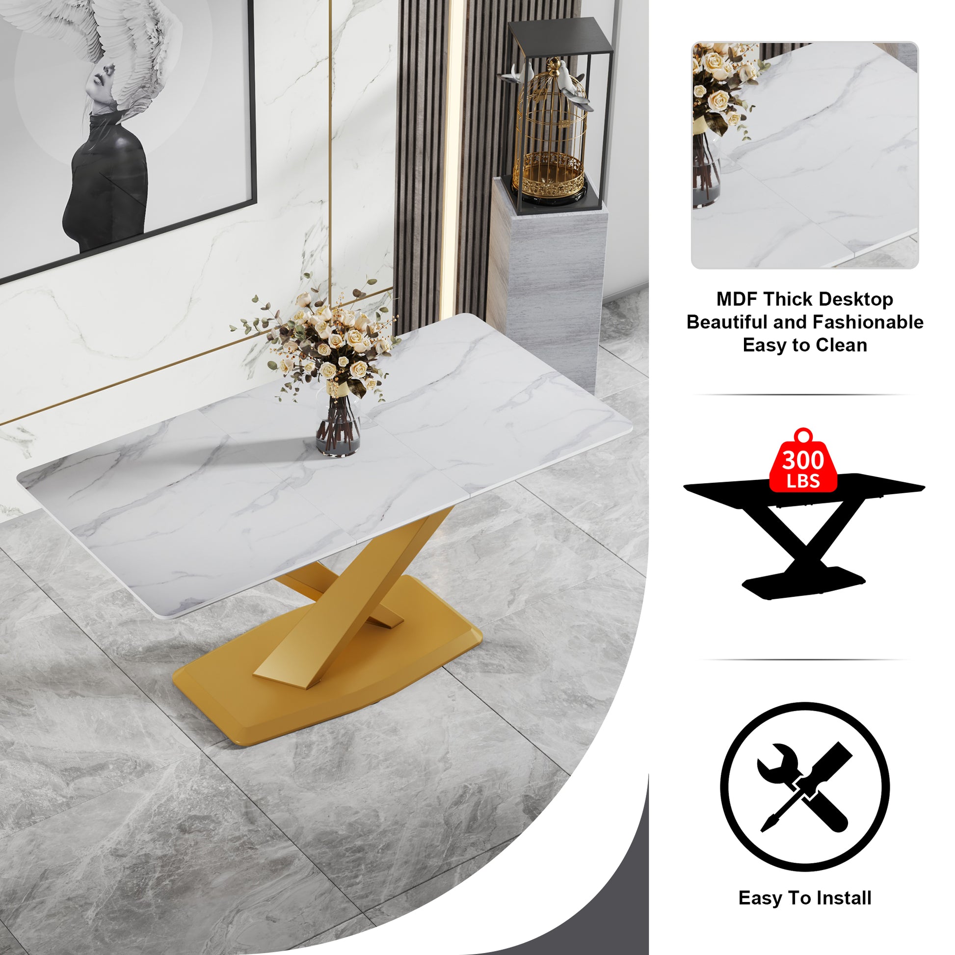 Table And Chair Set, The Table Is Equipped With A Marble Patterned Mdf Tabletop And Gold Table Legs.The Chair Is Equipped With Pu Synthetic Leather High Back Cushion And Gold Coated Metal Legs. Grey Gold Seats 6 Mdf Metal
