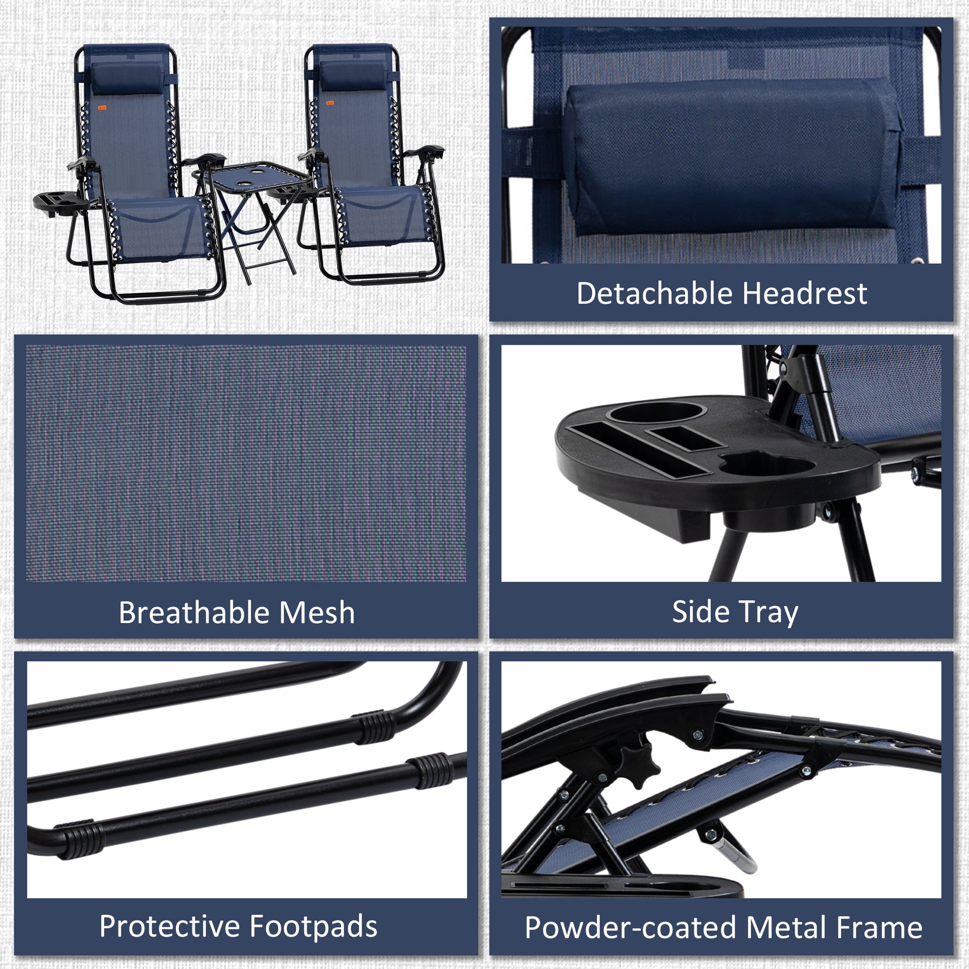 Outsunny Zero Gravity Chair Set With Side Table, Folding Reclining Chair With Cupholders & Pillows, Adjustable Lounge Chair For Pool, Backyard, Lawn, Beach, Blue Blue Steel