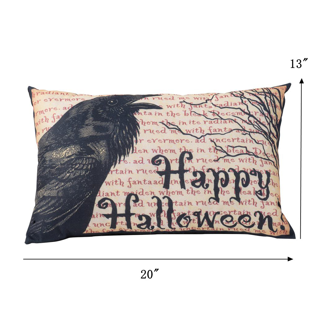 20X13" Crow Happy Halloween Pillow Beige Black Polyester