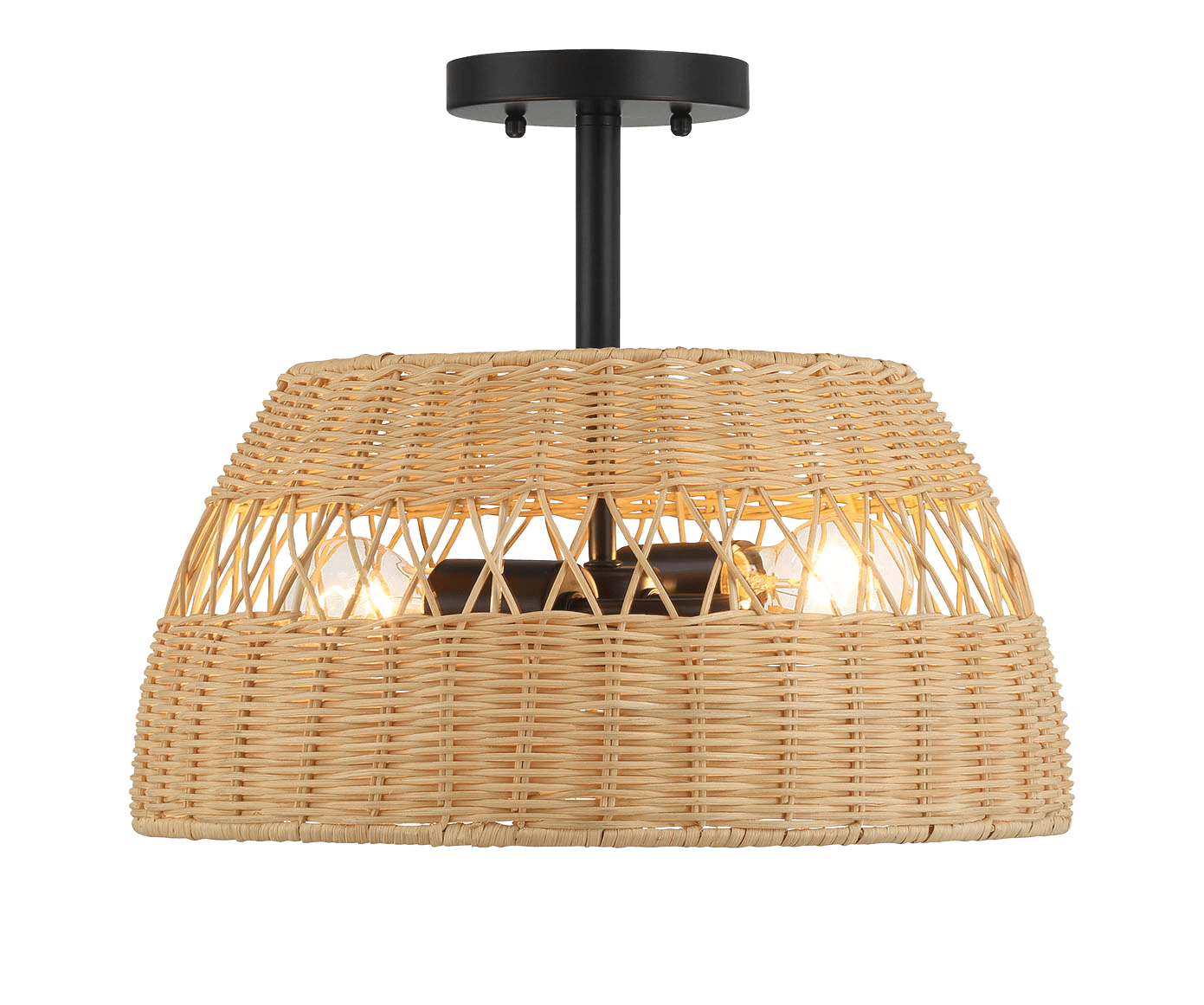 Twinkle Double Lights Semi Flush With Rattan Shade Black Metal Finish For Farmhouse Style Black,Rattan Metal,Rattan