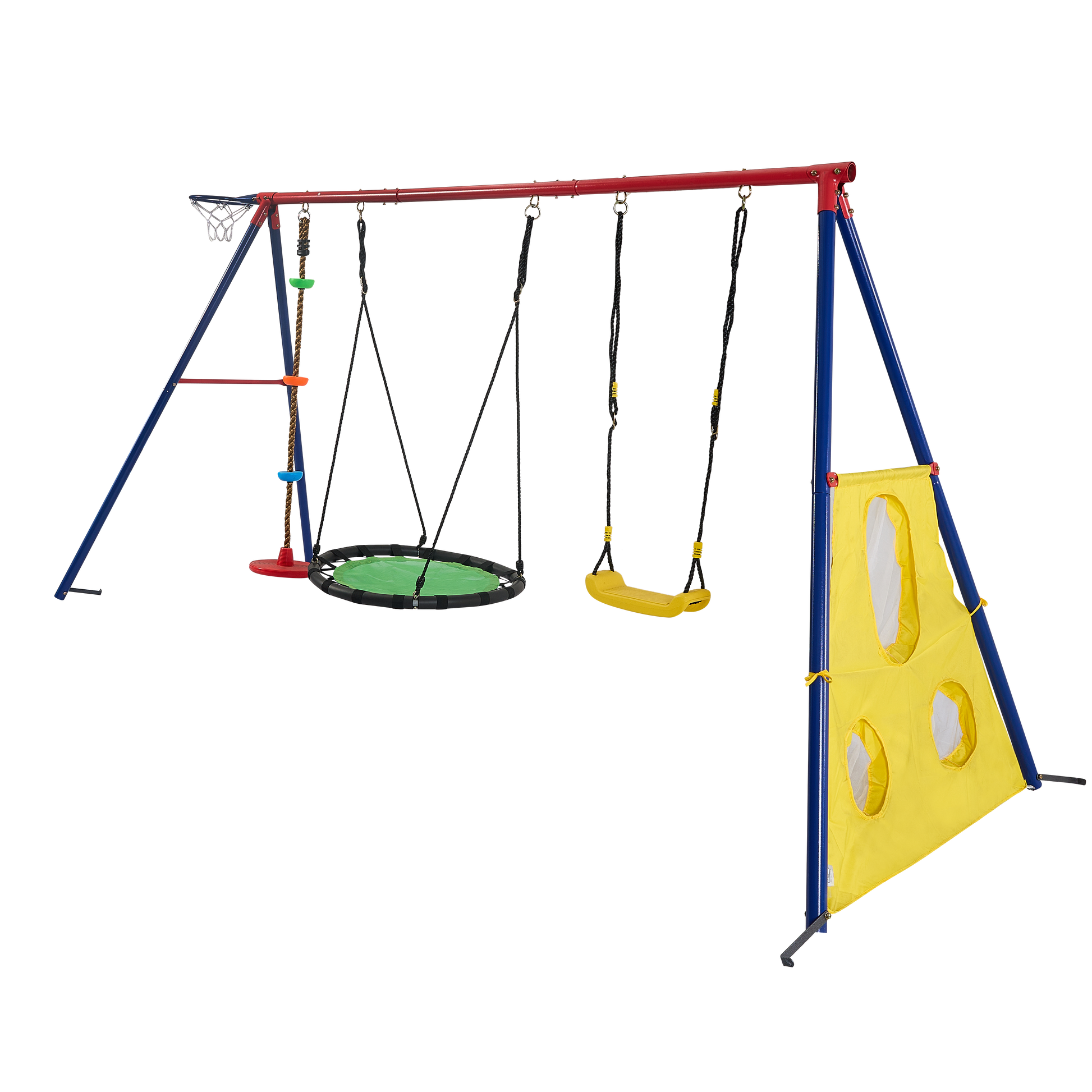Xns093 Rinbow Colour Interesting Three Swingset With Textilene Swing And Tree Swing Disc Metal Plastic Safe Swing Seat 550Lbs For Outdoor Playground For Age 3 Blue Green Steel