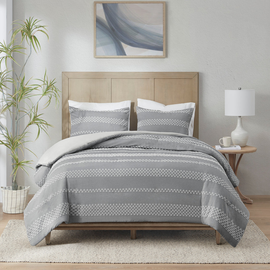 3 Piece Clipped Jacquard Duvet Cover Set Queen Gray Polyester