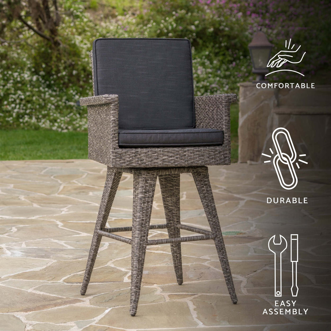 30" Outdoor Wicker Barstool With Water Resistant Cushions 1Pc Black Gray Pe Rattan Iron Waterproof Fabric