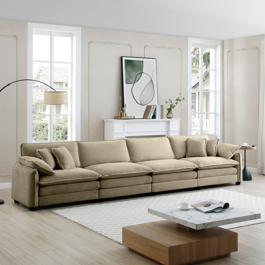 Corduroy Sofa,Modern Upholstered 4 Seater Corduroy Fabric Sofa,Office Living Room Apartment Comfortable Sofa, Easy To Assemble With 2 Arm Pillows And 4 Throw Pillows Tan Corduroy 4 Seat