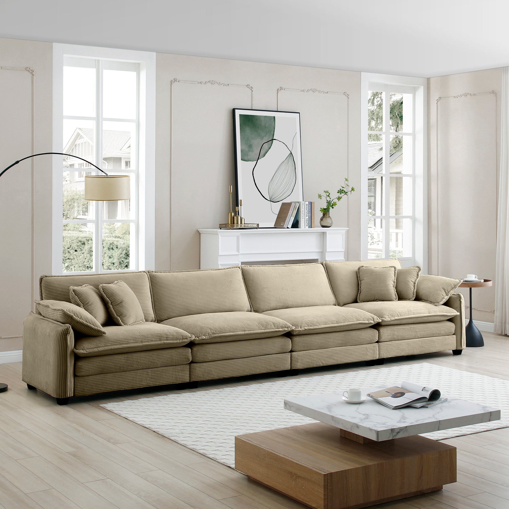 Corduroy Sofa,Modern Upholstered 4 Seater Corduroy Fabric Sofa,Office Living Room Apartment Comfortable Sofa, Easy To Assemble With 2 Arm Pillows And 4 Throw Pillows Tan Corduroy 4 Seat