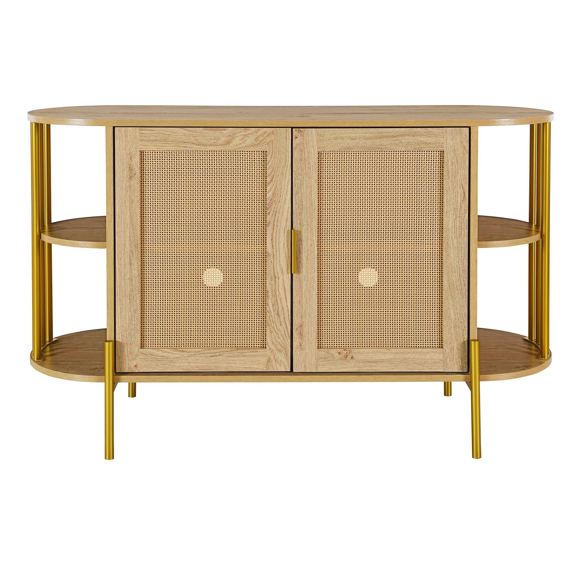 2 Door Elegant Curved Dining Cabinet With Gold Trim And Woven Rattan Doors For Dining Room Natural Natural Particle Board