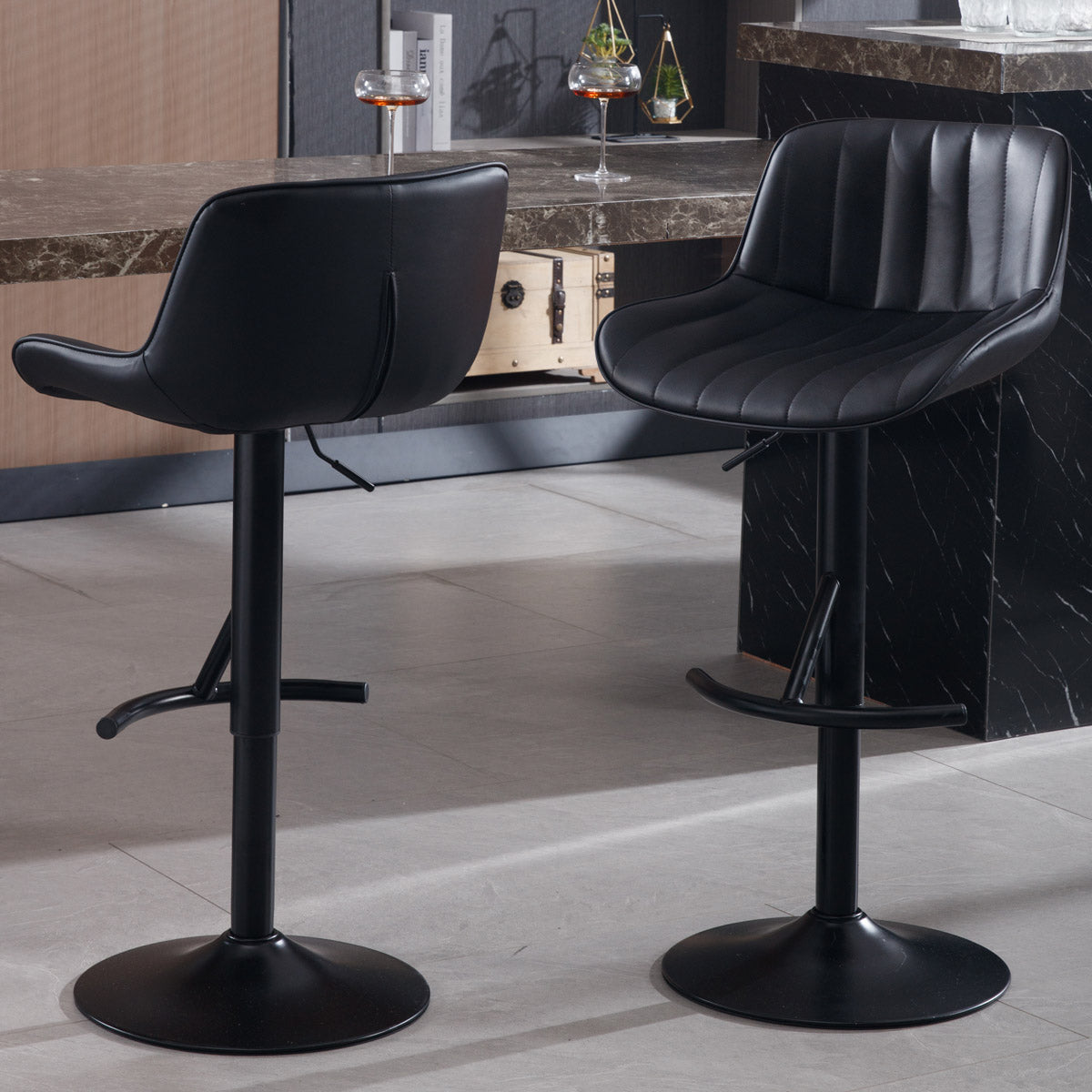 Adjustable Swivel Light Luxury Premium Bar Stool For Kitchen Counter And Dining Room Set Of 2 Black Black Steel